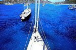 Up the mast of the Superyacht &quotSariyah" in St Barths with Kokamo off the port bow
