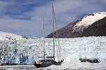 The super yacht Sariyah edges close to a huge ice glacier in Patagonia 